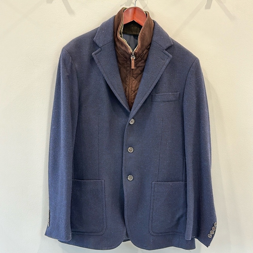 Faconnable Navy Men’s Wool Blazer Jacket Removable Quilted Details Size 50